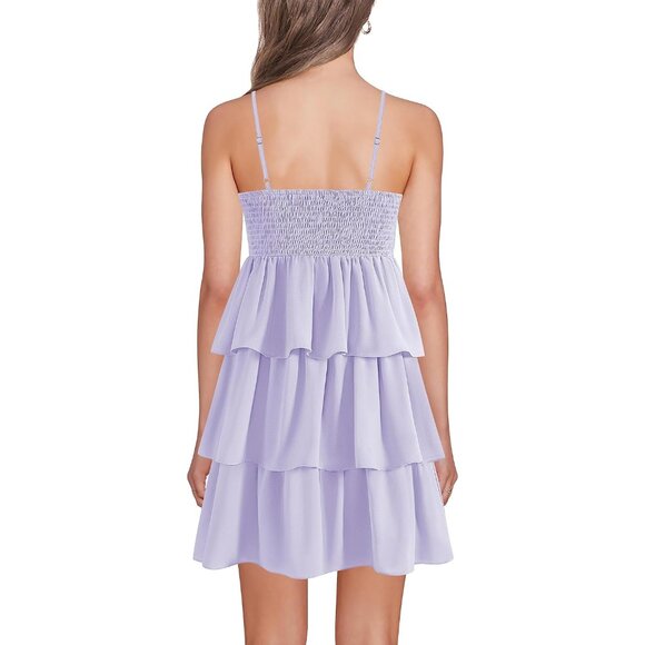 Women's Summer V-Neck Mini Dress Spaghetti Strap Sleeveless Ruffle Short - Picture 2 of 5